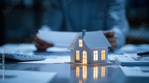 House model and documents at desk