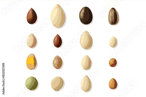 Various types of seeds arranged in rows showcasing their diverse shapes and colors for educational purposes
