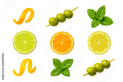 Colorful display of citrus fruits and mint leaves arranged neatly on a white background