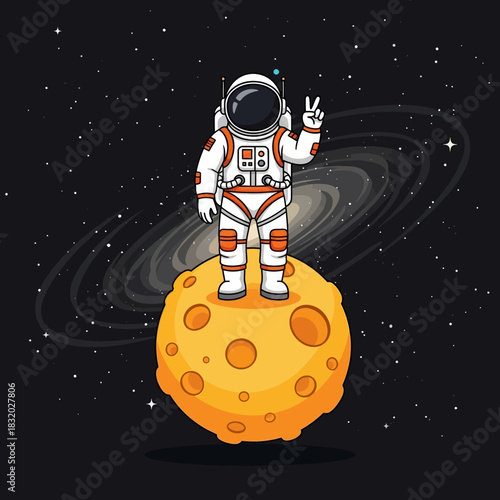 Astronaut's lunar triumph, peace sign on a porous moon, cosmic background celebration
