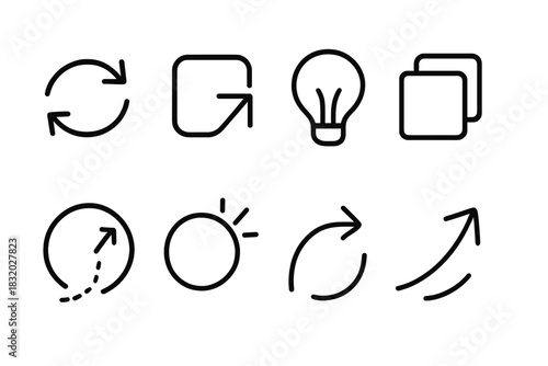 Creative Update Icons. Creative Update Symbols linear icon set: revised stroke, shifting frame, idea refresh, new layer, evolving shape, highlight beam, update curve, dynamic arc