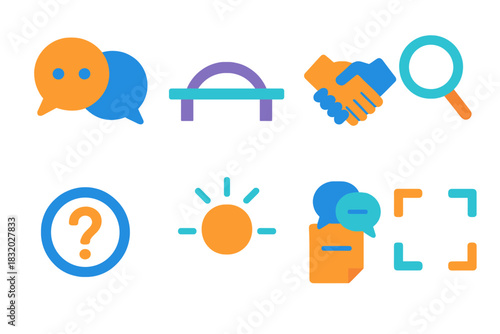 Constructive Dialogue Icons. Constructive Dialogue Elements flat icon set: balanced bubbles, bridge line, handshake, clarity ring, question mark, calm beam, shared note, open frame