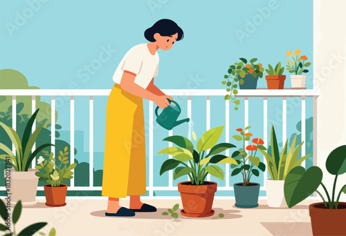 A person in yellow pants waters plants on a balcony, surrounded by potted flowers and greenery, under a blue sky