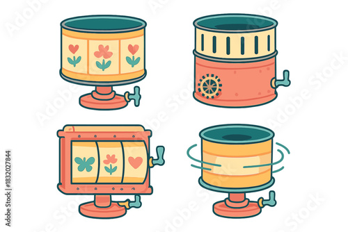 Set of colorful, whimsical vintage-style candy machines with flowers and designs showcasing a fun treat experience