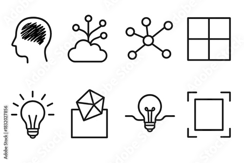 Conceptual Icon Grid. Creative Learning Set linear icon set: sketch stroke, concept cloud, branching ideas, design grid, highlight beam, evolving shape, idea thread, structured