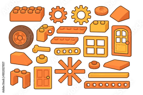 Colorful collection of building blocks and gears for creative construction play