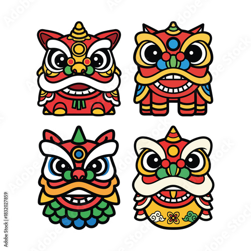 Colorful Cartoon Lion Dance Mask Icons for Chinese New Year