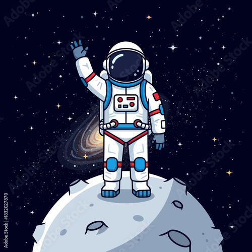 Cartoon astronaut waving from lunar surface with stunning galaxy backdrop artwork