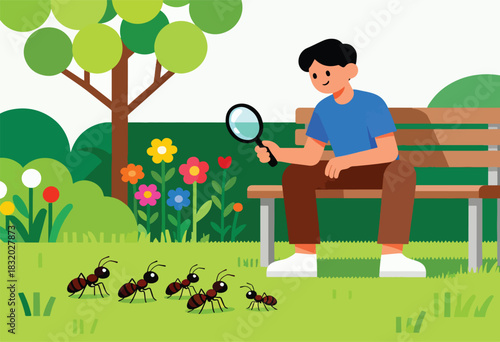A person sits on a bench in a park, observing ants with a magnifying glass, flowers and a tree nearby