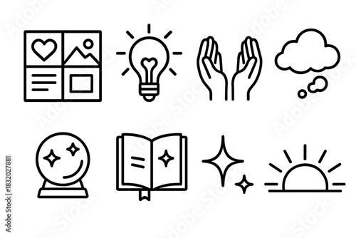 Visionary Icons Display. Creative Manifestation Set linear icon set. vision board, lightbulb idea, open hands, dream cloud, crystal ball, journal book, spark icon, rising sun