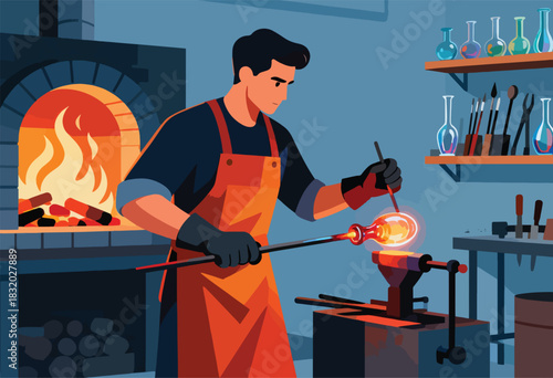 A glassblower in a workshop molds molten glass with tools, apron, gloves, furnace, shelves, and various glassware