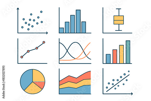 Various types of data visualization charts demonstrating statistical information and trends using clear, colorful graphics