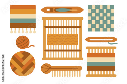 Colorful weaving tools and patterns arranged neatly on a white background showcasing textile art techniques and materials