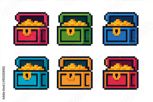 Colorful pixel art treasure chests filled with gold coins arranged in a grid layout