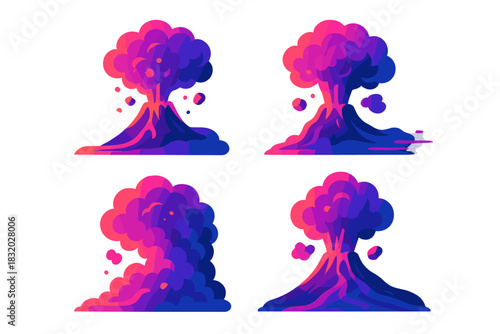 Colorful digital artwork depicting a volcanic eruption with billowing smoke clouds in various styles and formations
