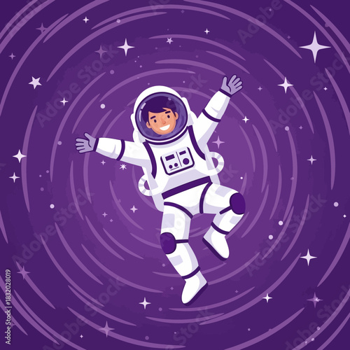 Whimsical spaceman drifting through the cosmos amidst swirling galaxies and glittering stars