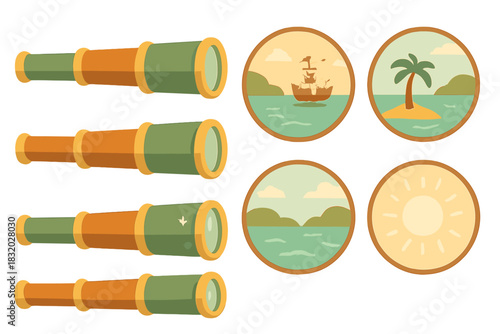 Discovering new adventures through telescopes and vibrant scenes of nature and exploration