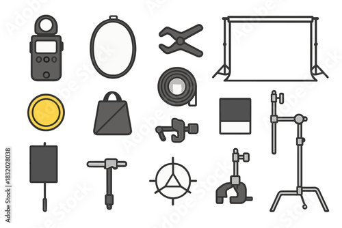 Equipment for a photography studio setup used in various creative projects, including lighting and support gear