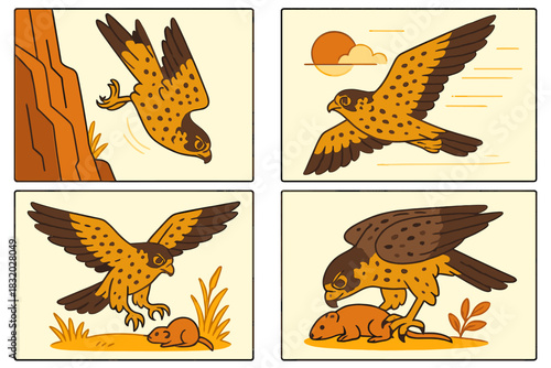 Hawk hunting for its prey in a vivid sunset landscape with dynamic flight and focused landing