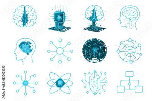 Futuristic Tech Icons. Futuristic Cognitive Computing set of icons in doodle hand-drawn vector style: glowing brain core, holographic chip, neural hologram, quantum data stream