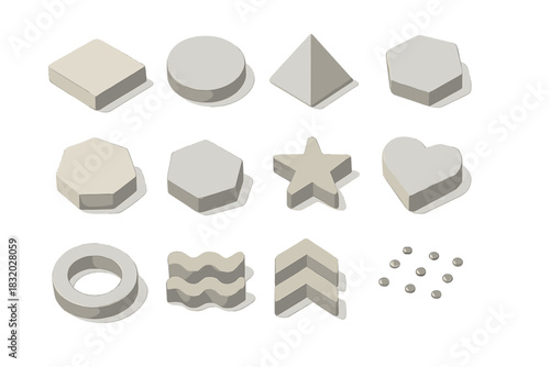 Various geometric shapes arranged in a neat grid, showcasing a range of designs and forms