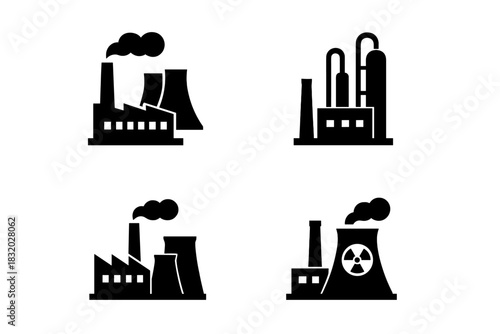 Black and white industrial icons showing factories with smokestacks and cooling towers in various designs