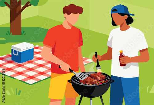 Two people BBQ grilling steaks in a park. One holds a spatula, the other bastes with a brush, and there's a cooler
