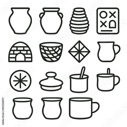 Traditional Pottery Icons. Traditional pottery linear icon set: terracotta pot, earthenware jar, hand coil, clay tablet, village kiln, woven basket, geometric pattern, slip cup