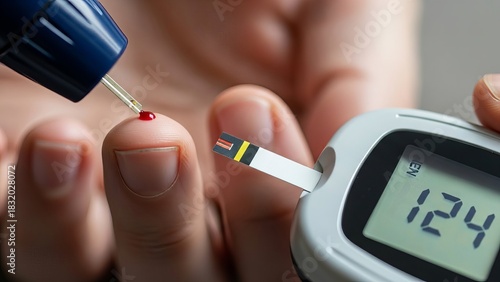 Daily blood sugar test shows readings on glucometer during routine home healthcare for diabetes management