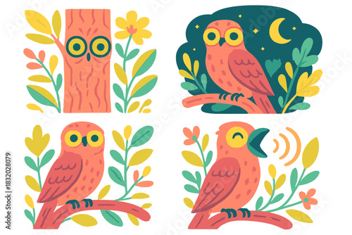 Colorful illustrations of owls in nature with flowers and night sky in a playful style