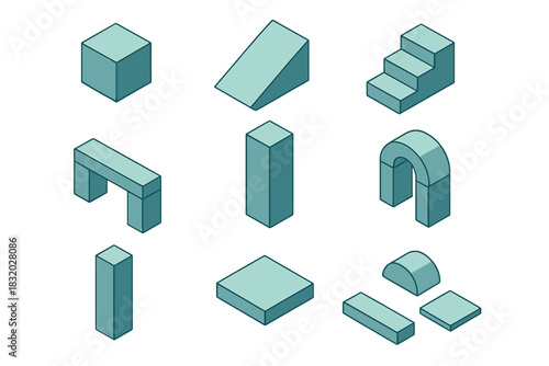 Various geometric shapes displayed in a simple arrangement showcasing three-dimensional design