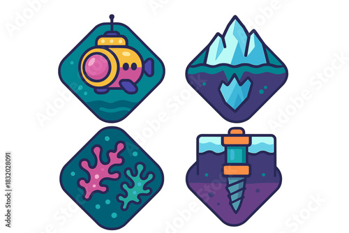 Exploring the depths of the ocean with colorful underwater illustrations and design elements