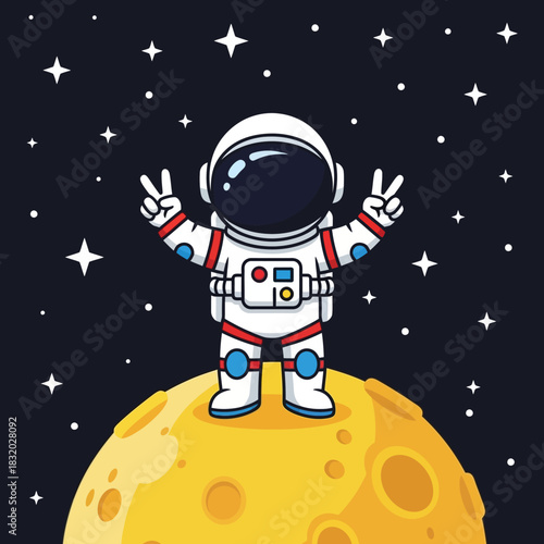 Whimsical astronaut celebrating space exploration with peace signs and cartoonish charm