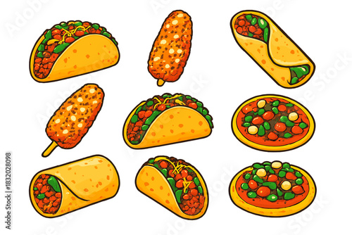 Colorful assortment of Mexican dishes including tacos, burritos, and tortas presented on a bright background