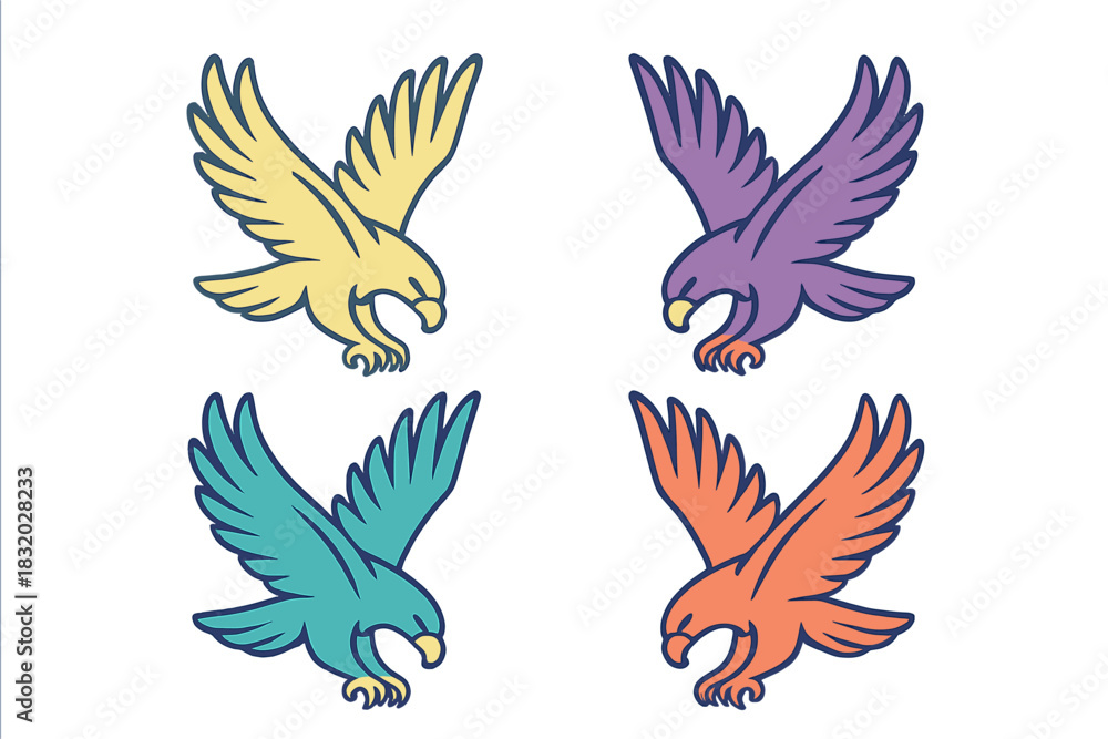 Fototapeta premium Colorful illustrations of four unique birds in different poses, showcasing vibrant designs and playful imagery for creative projects