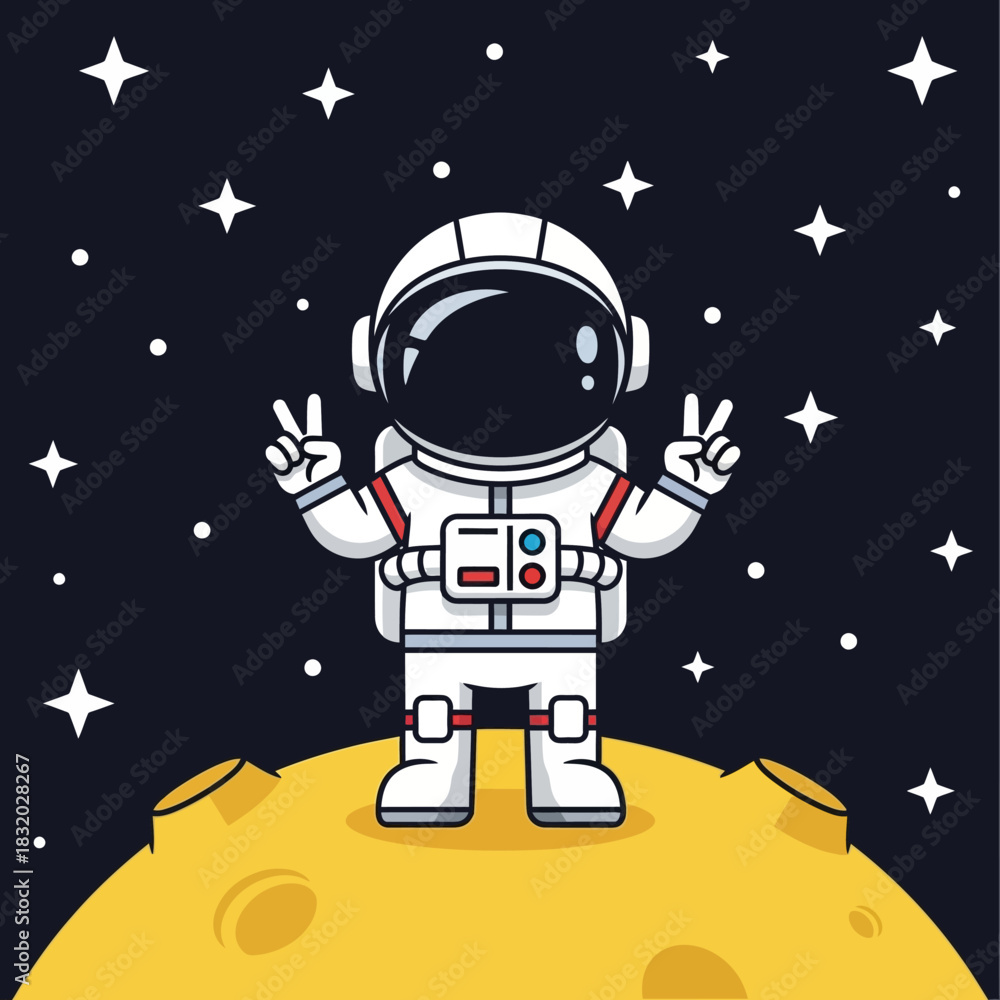 Naklejka premium Cartoon Astronaut Making Peace Signs on Lunar Surface Surrounded by Stars Illustration