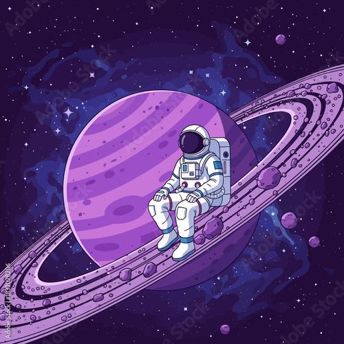 Astronaut's contemplative repose upon a vibrant violet ringed planet surface illustration