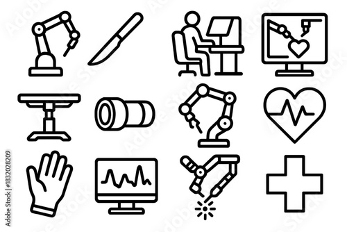 Surgical Robotics Icons. Surgical Robots linear icon set: robotic arm, scalpel, control console, monitor screen, surgical table, camera lens, precision tool, heart icon, sterile