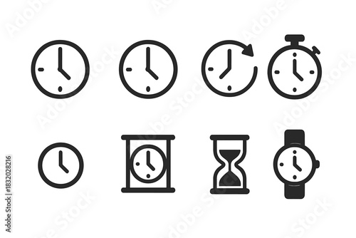 Various clock designs showcasing different timekeeping styles and functions in a clean, modern layout