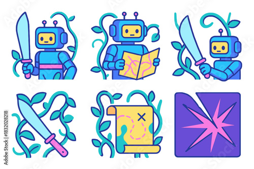 Robot explorer navigates through a jungle while holding a map and sword, surrounded by vines and plants during an adventurous quest