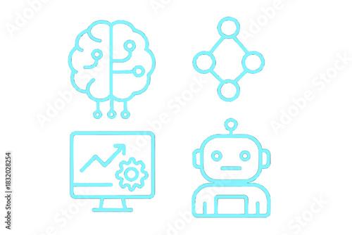 Exploring artificial intelligence concepts with brain, computer, data analytics, and robot illustrations in a modern design