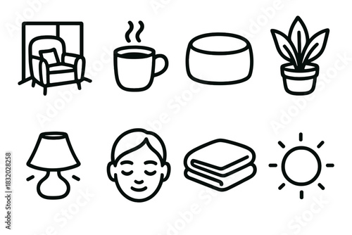 Cozy Meditation Icons. Mindful Comfort linear icon set. cozy corner, steaming mug, meditation cushion, plant pot, gentle lamp, calm face, folded blanket, soft glow