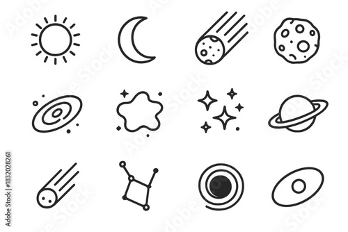 Celestial Icons Outline. Celestial bodies linear icon set. sun, moon, comet, asteroid, galaxy, nebula, star cluster, ringed planet, meteor, constellation lines, black hole, orbit