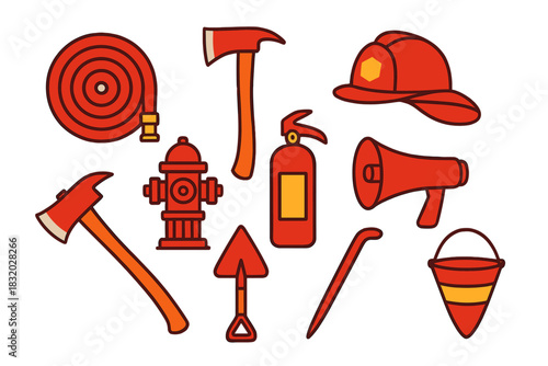 Collection of fire safety tools including helmet, hydrant, axe, and hose in bright colors for awareness and training