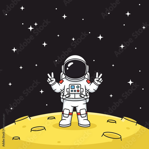 Astronaut's Peaceful Lunar Landing with Gesture of Victory amidst Celestial Stars Radiance
