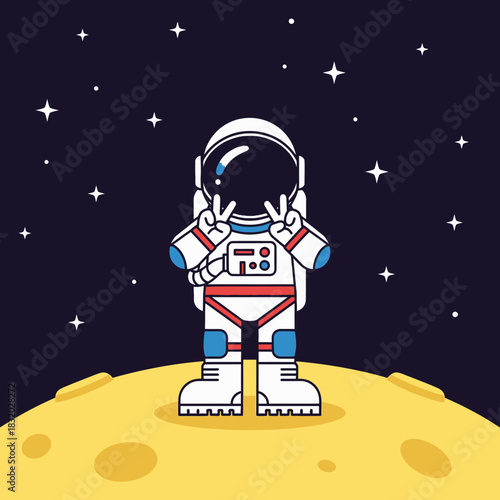Astronaut making peace sign on the moon surrounded by starry galaxy background image