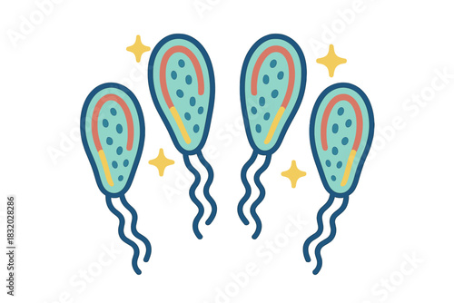 Colorful cartoon sperm swimming with excitement in a cheerful design for educational or humorous purposes