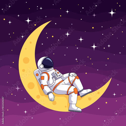 Dreamy astronaut resting on crescent moon surrounded by twinkling stars in the night sky