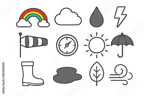 Weather symbols including a rainbow, clouds, sun, and rain to represent different conditions and activities throughout the year