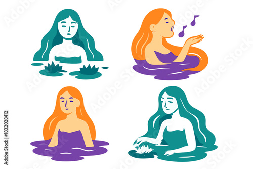 Women enjoying a peaceful time in a tranquil pond surrounded by lily pads during a sunny day